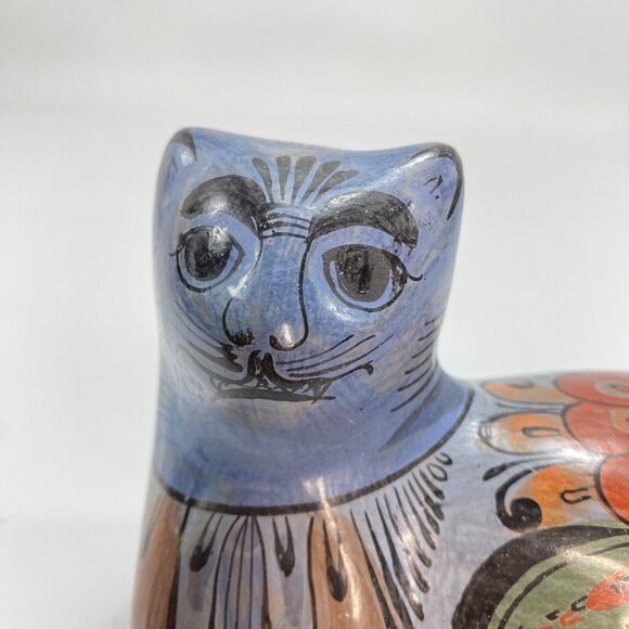 Mexican Folk Art Cat Earthen Ware Clay Figurine Hand Painted Blue Floral 5x4" - Picture 8 of 9